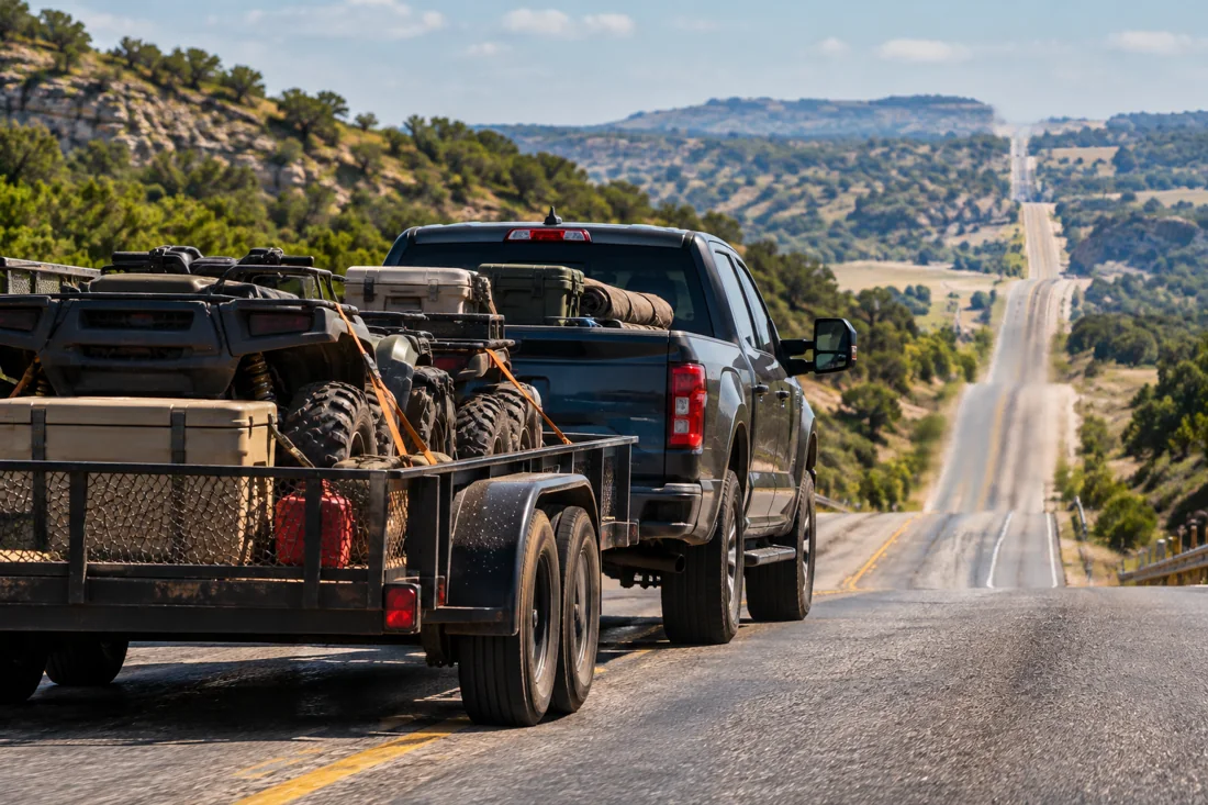 Pickup with a loaded bed and trailer on a long highway
