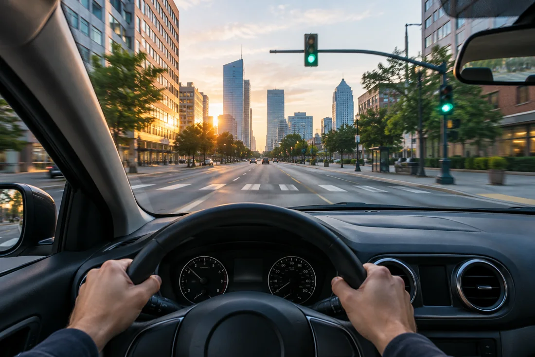 Driver's view pulling away from a green light on a morning commute