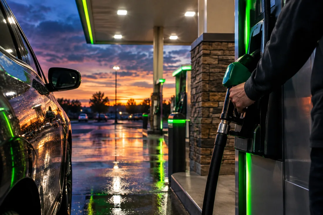 Driver returning the fuel nozzle to the pump at dusk