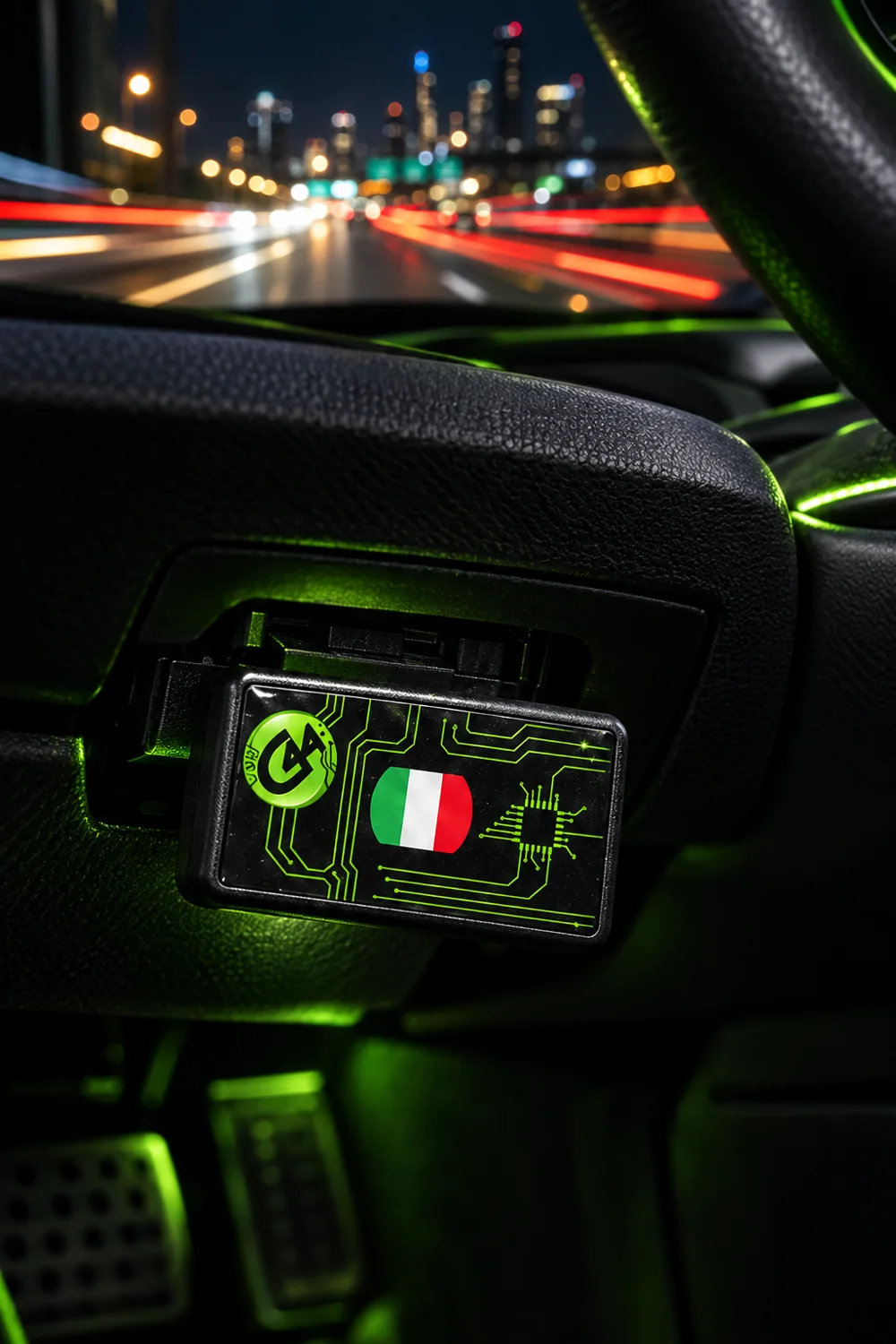 G44 chip plugged in under the steering wheel at night