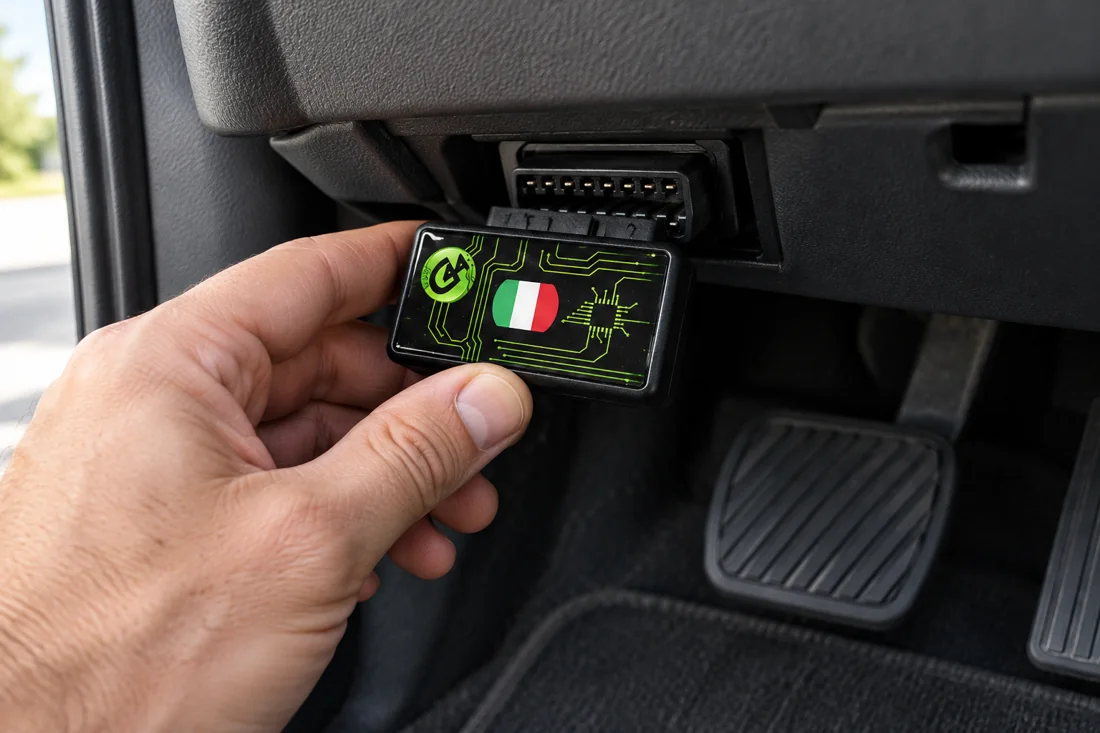 Hand plugging the G44 into the OBD-II port under the dashboard