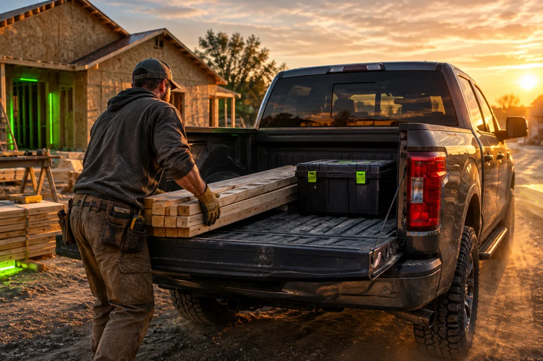 Contractor loading lumber into the bed of a pickup at sunrise