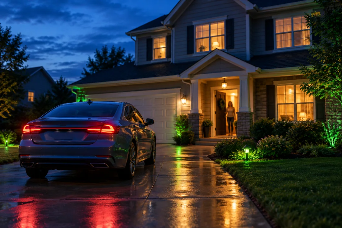Sedan pulling into a family home driveway at night