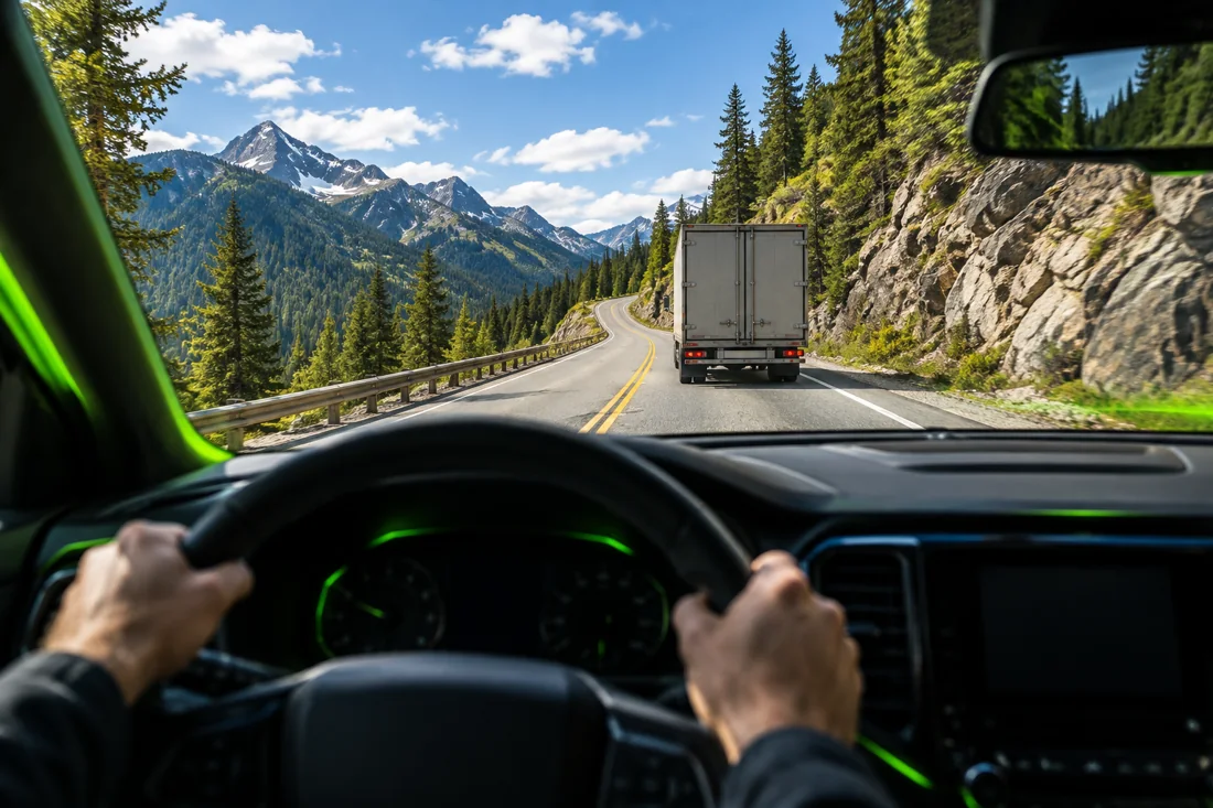 Driver's view of a two-lane mountain highway with a slow truck ahead